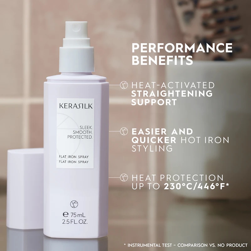 KERASILK Styling Flat Iron Spray yra karščiui atsparus purškiklis, skirtas naudoti naudojant plaukų tiesinimo arba garbanojimo žnyples.
