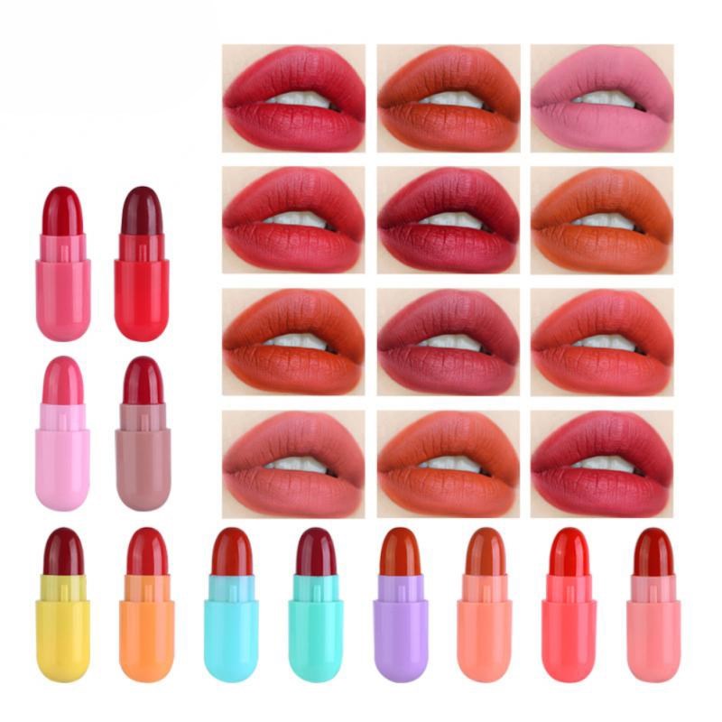 Set di 12 mini rossetti colorati a capsula, set per il trucco delle labbra, lucidalabbra opaco effetto velluto, impermeabile, antiaderente, in tazza, cosmetico TSLM1