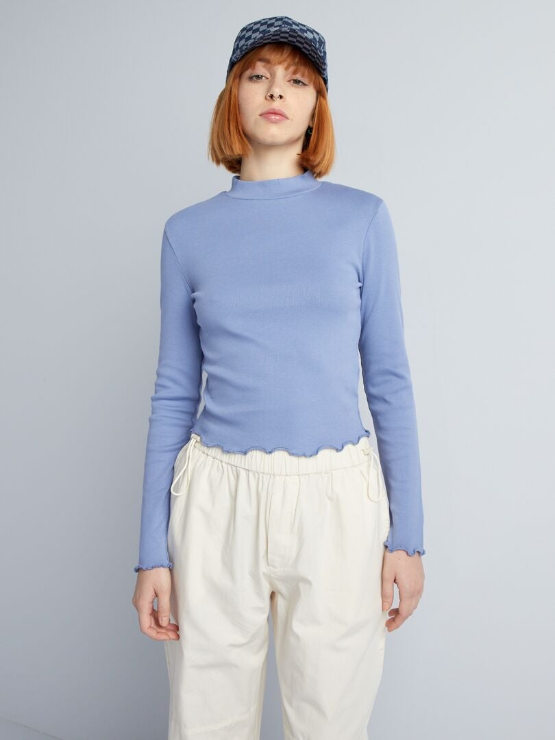 T-shirt met lange mouwen en ruches - BLAUW