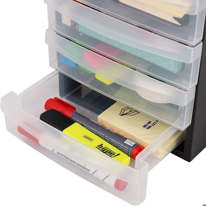 Iris Ohyama, A5 Plastic Desk Storage Tower, 4 Small Drawers, Set of 2, Black, DC-A5
