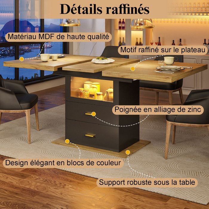 Mesa de comedor extensible con iluminación LED, mesa de cocina de madera con espacio de almacenamiento, para 6 personas, 110-140x80x75