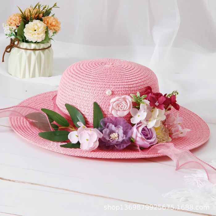 Sombrero para niña - FUNMOON - Conjunto de dos piezas - Estampado floral - Paja - Blanco