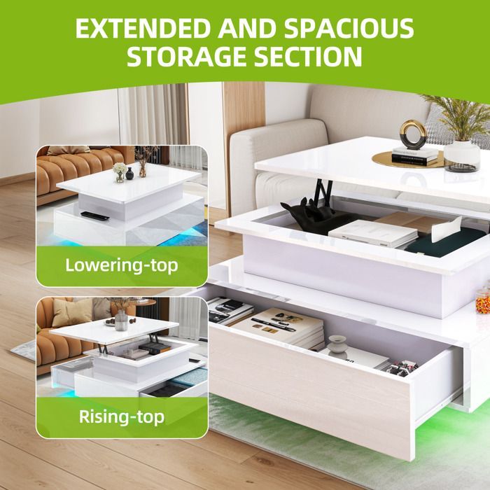 YITAHOME Table Basse Relevable, Table de Salon Rectangulaire avec LED 16 colorées et 2 Tiroirs, Surface avec Lumière Elevée, Blanc