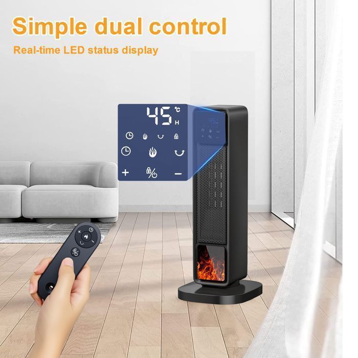 Potente calefactor eléctrico de ventilador de 2000 W - Calefactor de chimenea, calentamiento rápido, control remoto con protección antivuelco.