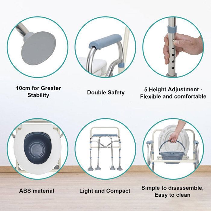 Silla inodoro, cubo higiénico, capacidad de 150 kg, altura regulable, segura, cubo incluido, fija, silla de ducha, silla de baño