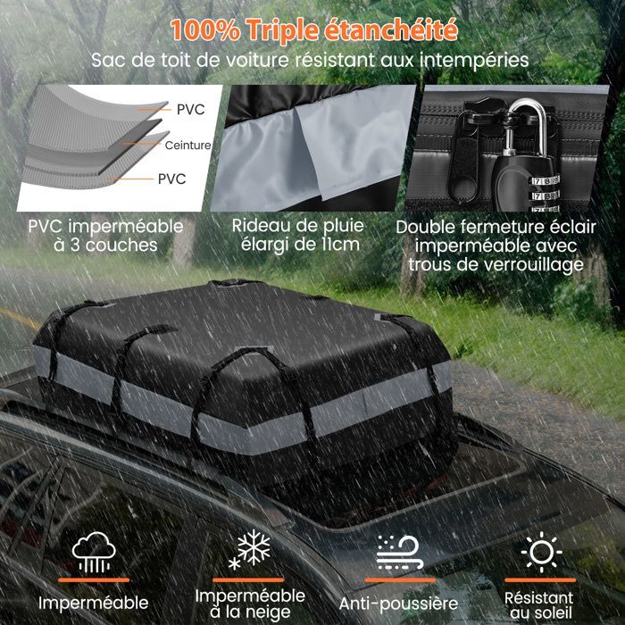 Portaequipajes para coche COSTWAY 424L impermeable con cerradura de combinación, alfombrilla antideslizante, ganchos para puerta y correas reforzadas, 112x86x43cm