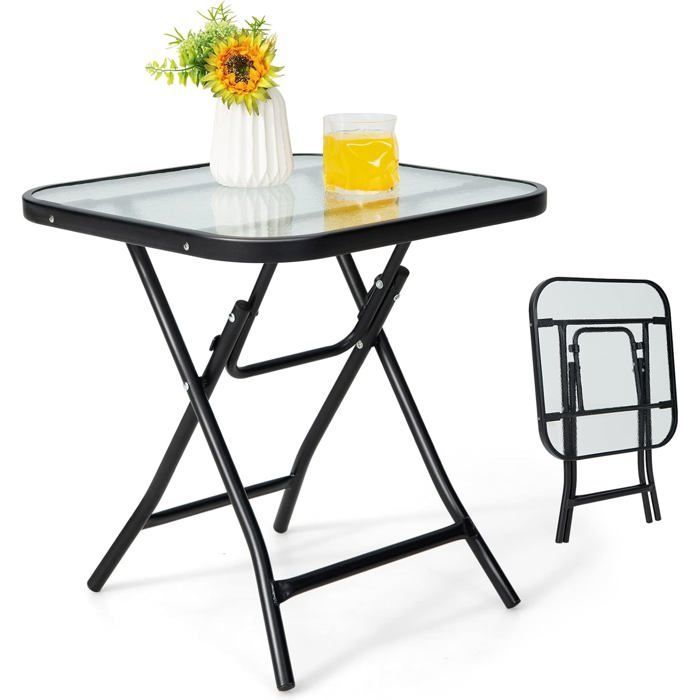 COSTWAY Folding Bistro Garden Table 46.5x46.5x42 cm in Glass and Steel for Indoor Outdoor Patio Balcony Load 25kg Black
