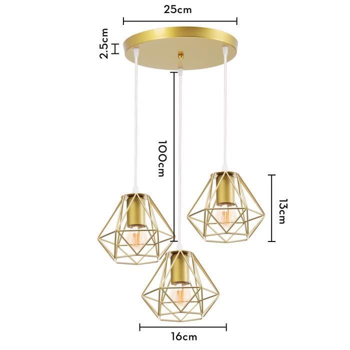 Vintage Industrial Retro Pendant Light E27 16cm Gold - WOTTES - 3 Lights - Yellow - Metal