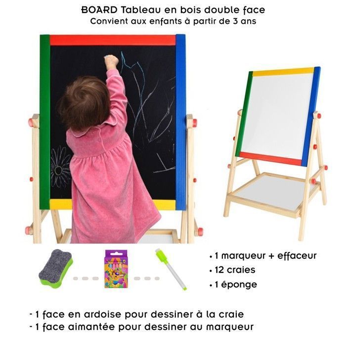 Quadro branco de madeira dupla face com giz, marcador e esponja.