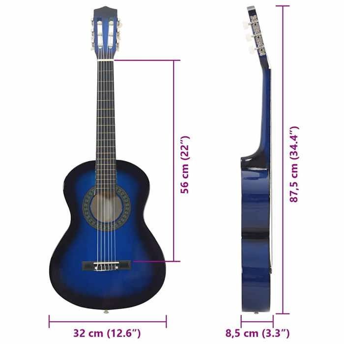 Juego de guitarra clásica vidaXL para principiantes, 8 piezas, azul, 1/2, 34
