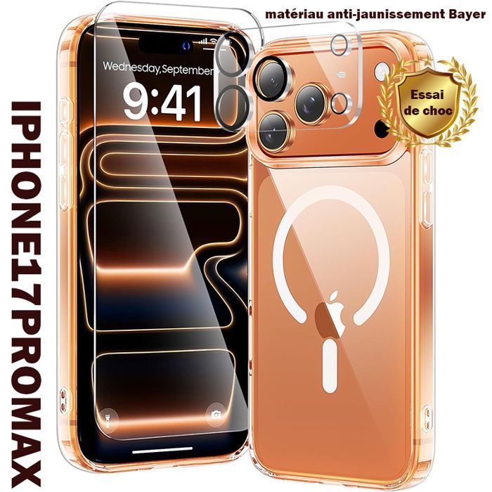 iPhone 17 Pro Max case with MagSafe magnetic closure, tempered glass, camera protector, shockproof TPU bumper, transparent, anti-yellowing, hard PC back