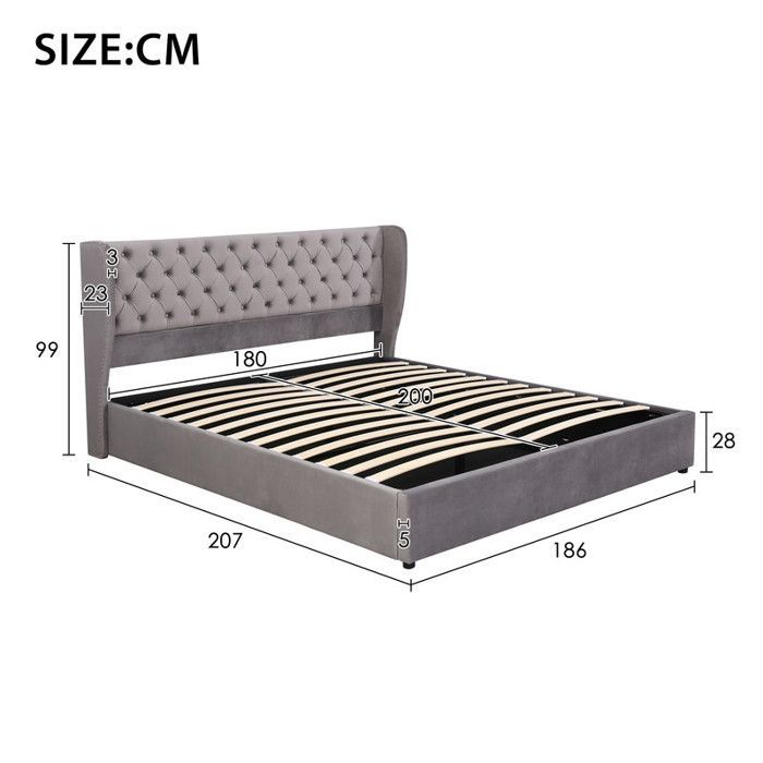 Cama doble tapizada en terciopelo con forma de oreja, 180 x 200 cm, con somier de láminas y espacio de almacenamiento, color gris.