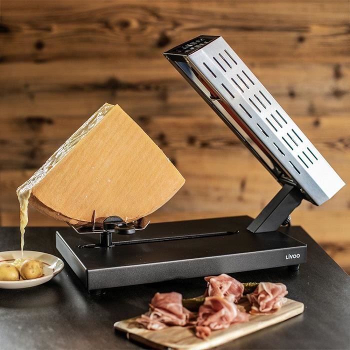 Raclette tradicional - LIVOO - DOC314 - 600W - Para 6 a 8 personas - Soporte para queso extraíble, deslizante y giratorio 360° - 2 espátulas