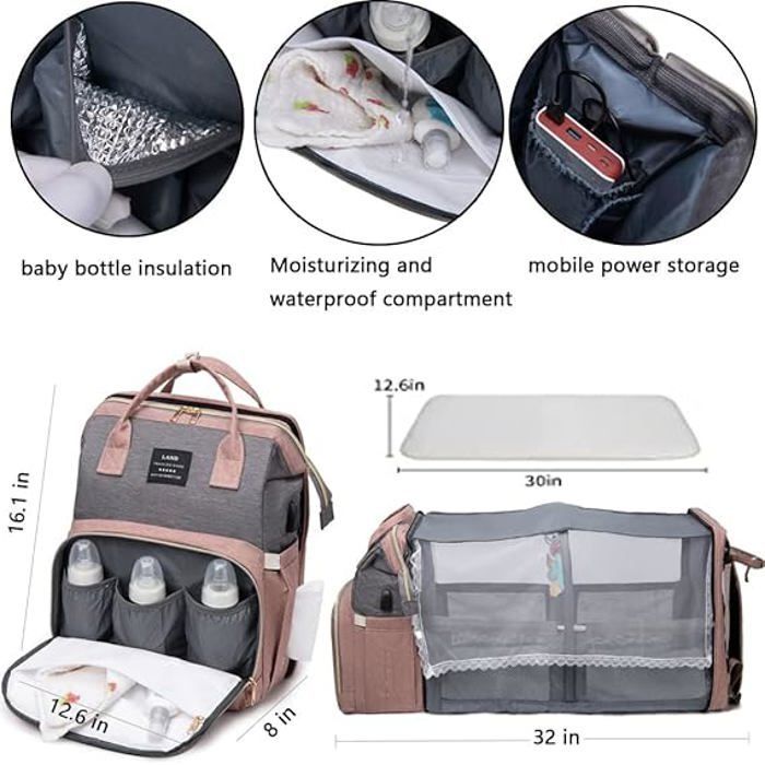 Large Capacity Baby Diaper Backpack with Changing Mat, Multifunctional Waterproof Travel Bag, Pink/Gray