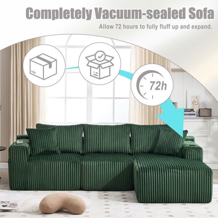 Sofá esquinero modular reversible de 3 plazas, sofá seccional para sala de estar con almacenamiento y portavasos, color esmeralda (no requiere montaje).