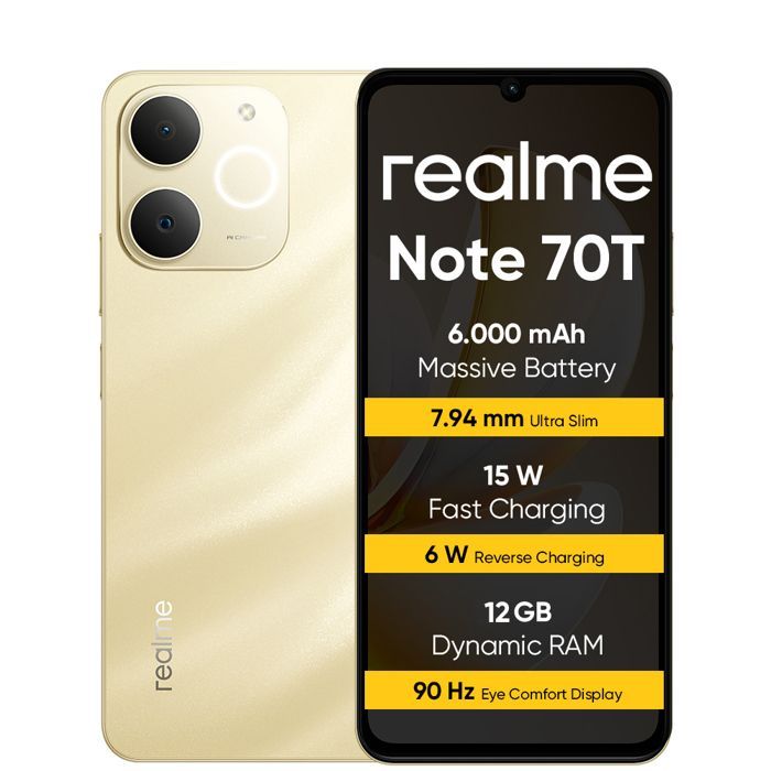 realme Note 70T Smartphone 4+256 GB, 6000 mAh Battery, 15W Fast Charging with 6W Reverse Charging, Gold