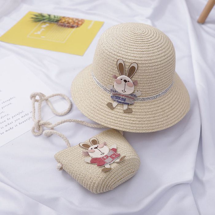 Conjunto de sombrero para niñas FUNMOON: Sombrero de paja + Bolso bonito para viajes al aire libre, playa y chanclas Panamá con girasoles - 336061