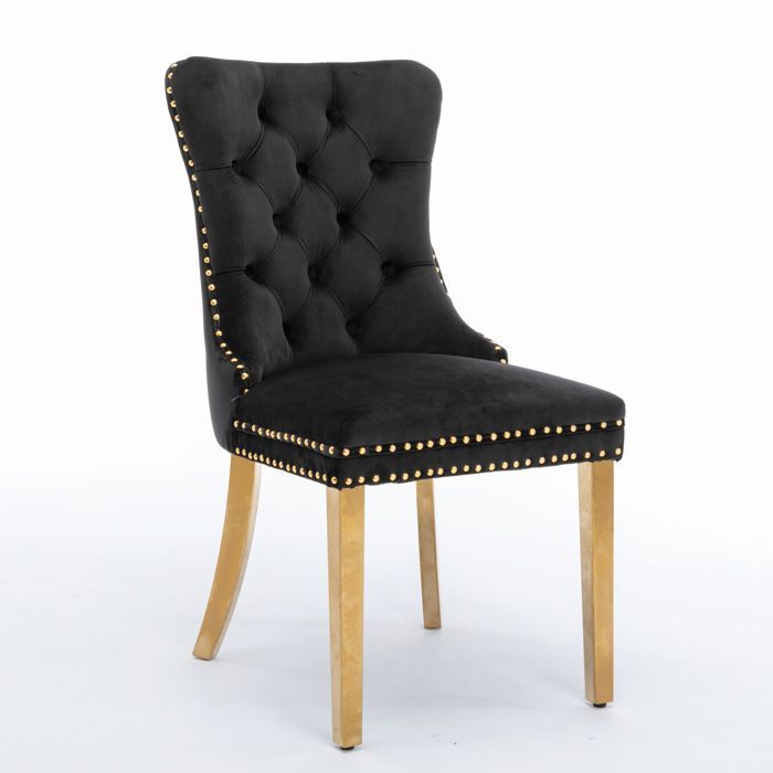 Lot de 2 Chaise de Salle à Manger en Velours Rembourré - Style Contemporain - Pieds en Acier Inoxydable Plaqué - Noir et Or