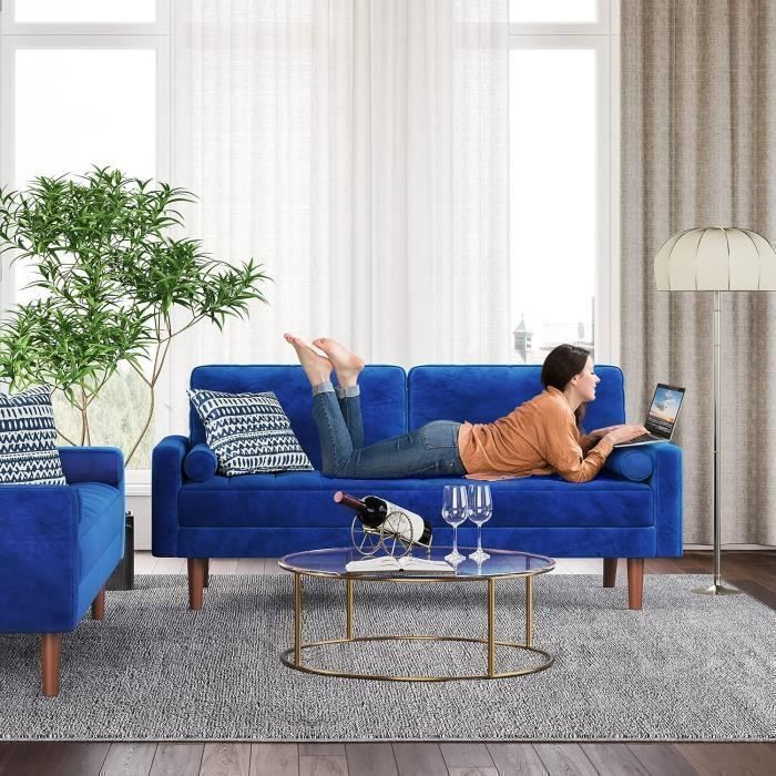 Canapé 3 Places en Velours Bleu,Canapé Scandinave avec 2 coussins pour salon chambre,Fauteuil Moderne 176×78×85 cm