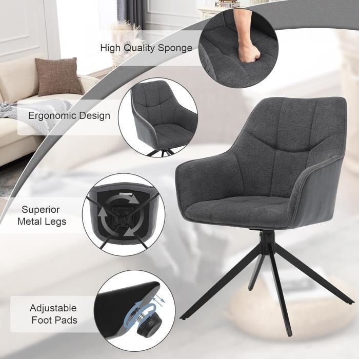 WOLTU Chaise de Salle à Manger Pivotantes, Fauteuils Rembourrés en Chenille et Velours Côtelé, Gris Foncé W0ATT0174-1