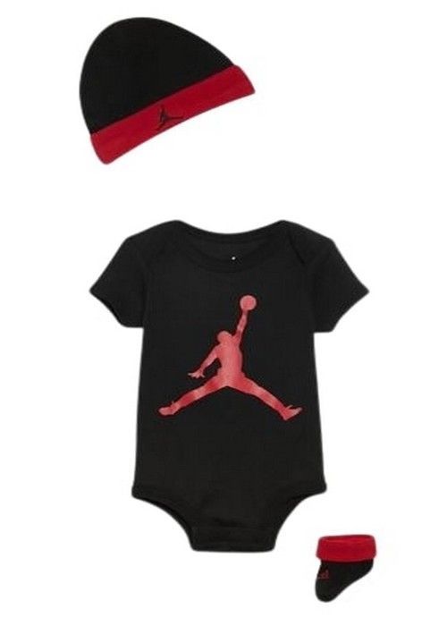 Jordan 3-delige cadeauset voor babyjongens, zwart en rood: romper, slabbetje, mutsje en babyschoentjes