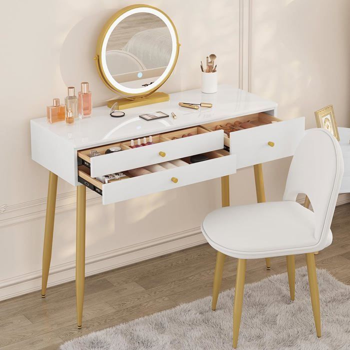 Tocador WOLTU con espejo LED ajustable y silla de terciopelo, mesa de maquillaje con 3 cajones, color crema y dorado W0ETT0047
