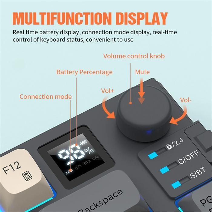 Ensemble clavier et souris, 80 touches, Bluetooth, sans fil 2,4 GHz, éclairage RGB, design ergonomique, multifonctionnel, bleu
