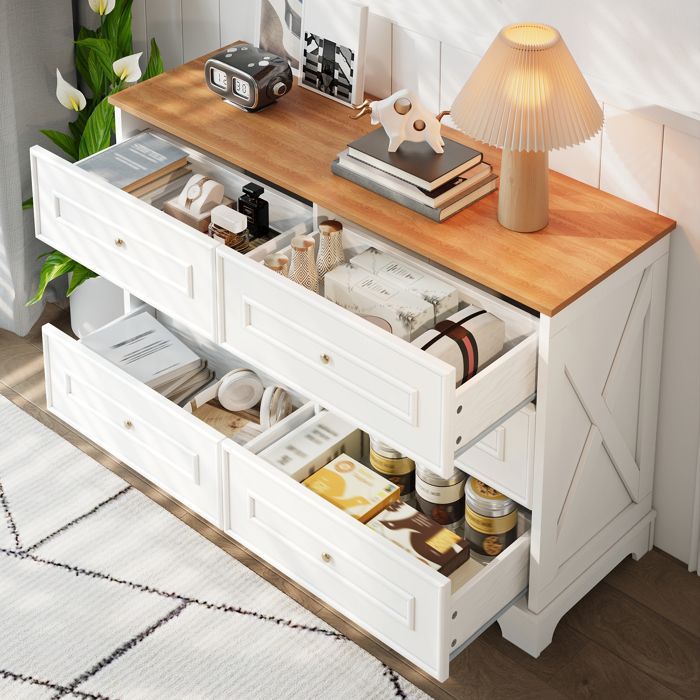 ELVMI Buffet and Sideboard with 6 Drawers, Large Top - ELVMI - Country Style for Living Room/Hallway, White and Natural MDF, 120×40×76 cm
