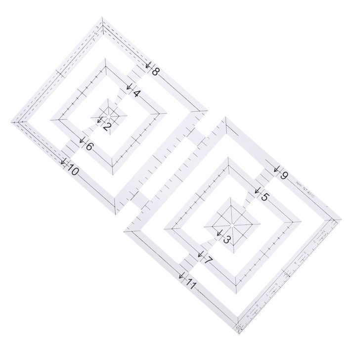 5 tilkkutyötyökalua: geometriset muodot, kaksoisympyrä, viisikulmio, kuusikulmio, kolmio, käsinompelu