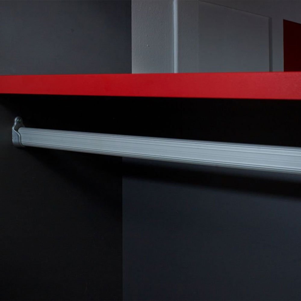 Cama alta para jogos PodBed cinza e vermelha com sofá cinza