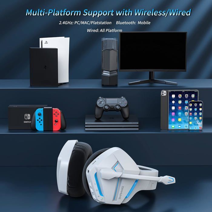 Draadloze gamingheadset met ruisonderdrukkende microfoon voor PS4, PS5, pc, PlayStation 4 en 5, 2.4G + Bluetooth, wit