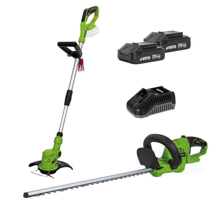 Pack 2 outils 20V Coupe Bordure + Taille Haies + 2 Batteries Lithium 2.0Ah + Jeu de 20 lames + Chargeur VITO