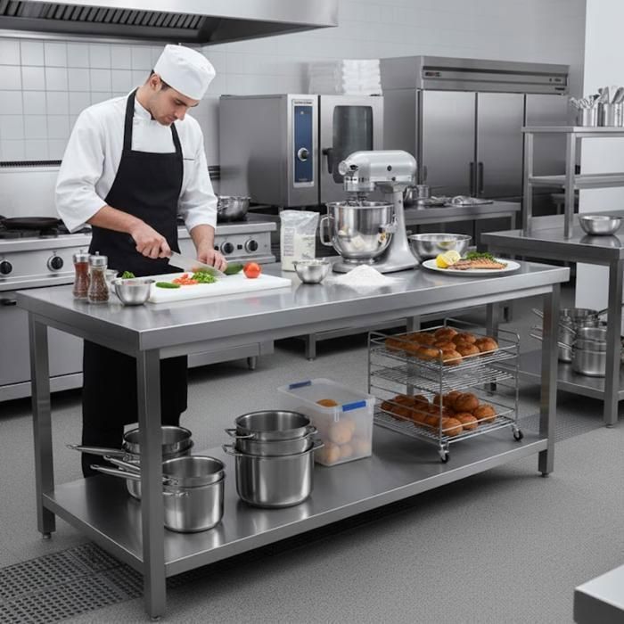 Table inox centrale 2000 x 600 mm - acier inox 0,8 mm - étagère basse - charge 150 kg