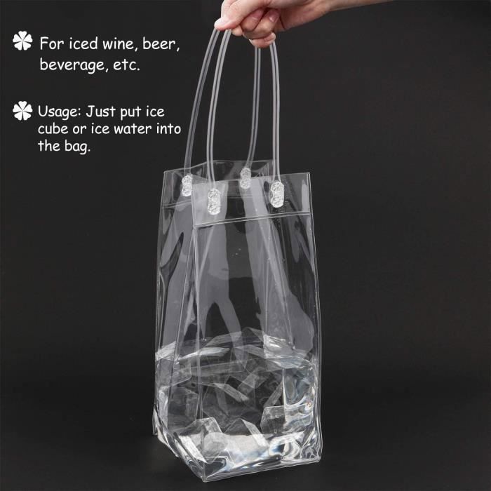 Lot de 10  Sacs à Glace en PVC Anti-Fuite avec poignée de Transport, rafraîchisseur de Bouteille de Champagne (Clear)