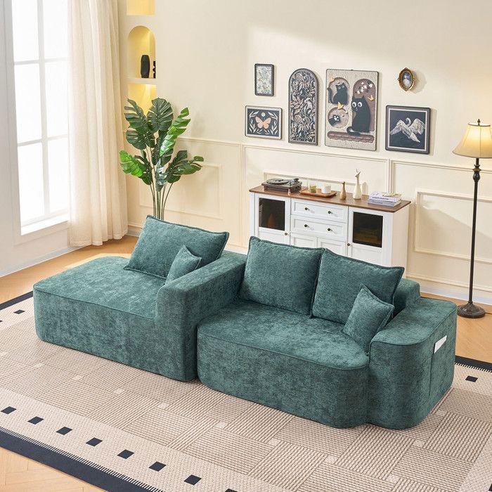 Canapé d'angle en L « Cloud Couch » avec méridienne, assise profonde XXL, livré monté, canapé modulable en chenille verte pour salon