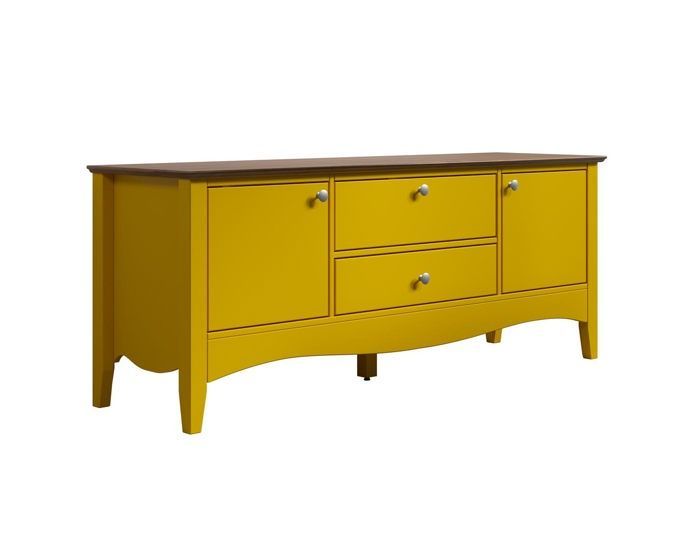 Mobile porta TV Elisa con 3 ante e 1 cassetto, giallo e legno chiaro