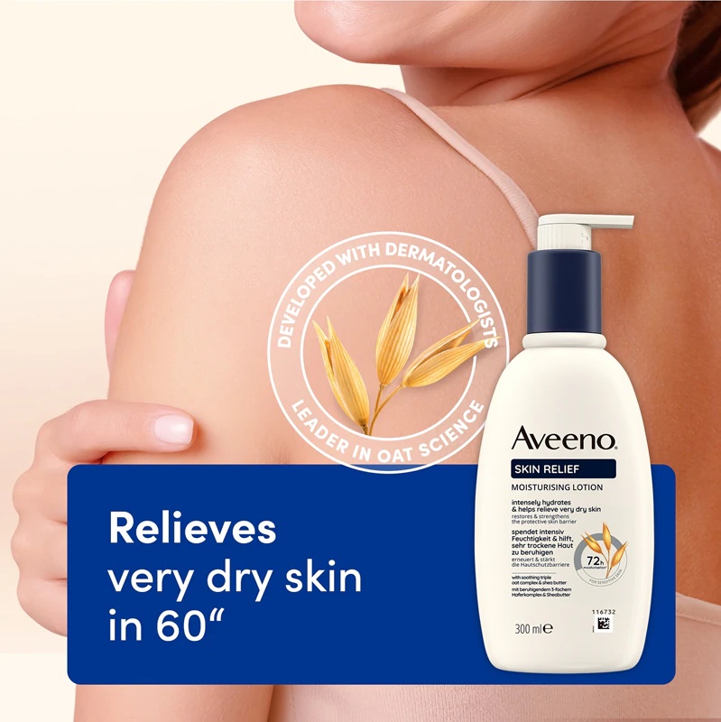 „Aveeno Skin Relief“ maitinamasis losjonas, drėkinamasis kūno pienelis labai sausai odai