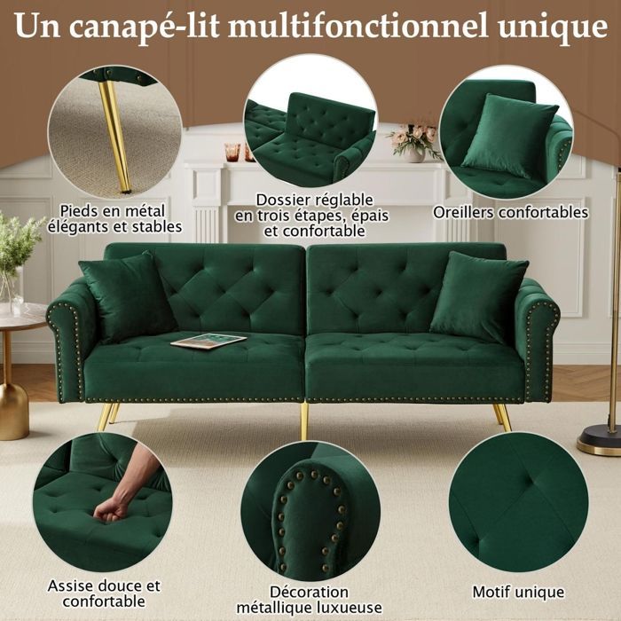 Sofá convertible - RAVAS - Sofá de 2 plazas - Terciopelo verde - Respaldo ajustable - Espacio de almacenamiento