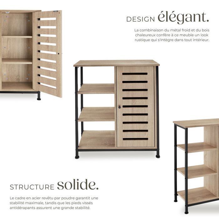 Buffet - TECTAKE - Buffet de cuisine en acier et bois avec 2 étagères réglables et portes magnétique 71 x 32 x 82 cm - Bois clair