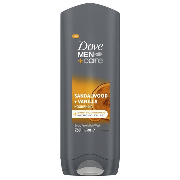 Dove Men+Care gel za prhanje 3 v 1 z vonjem sandalovine in vanilije, 250 ml
