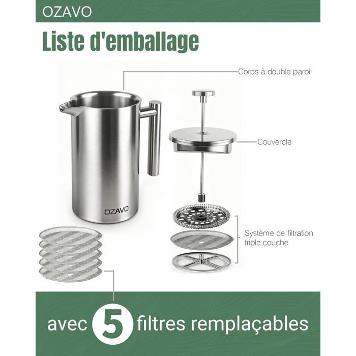 OZAVO - Cafetière à Piston 1L Inox Isotherme avec 5 Filtres Remplacement Acier inoxydable
