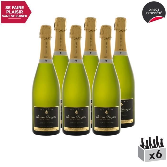 Crémant de Bourgogne Le Grand Classique Brut Blanc - Lot de 6x75cl - Bruno Dangin - Vin effervescent AOC Blanc de Bourgogne -