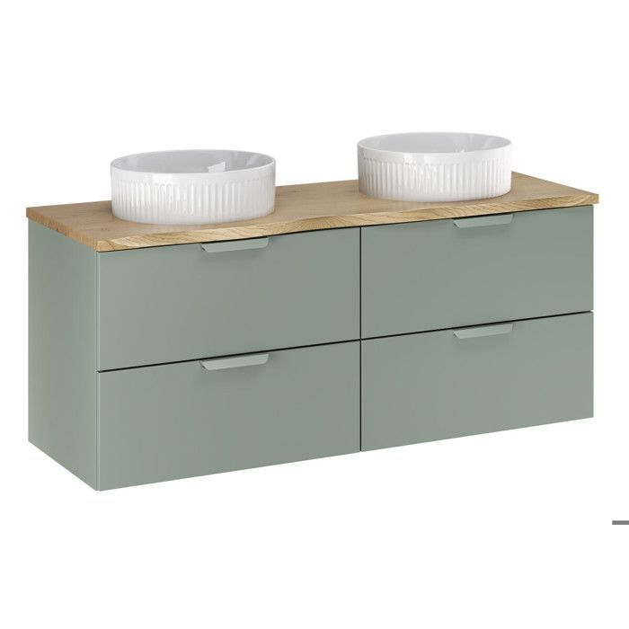 Beyond 120 cm ASTER grüner Waschtisch und zwei Waschbecken mit Eichenarbeitsplatte