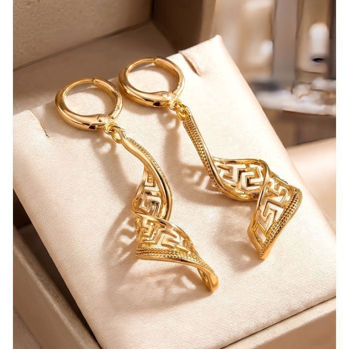 Boucles d'Oreilles - Femme - Pendantes - Spirale - Grecque – Plaqué Or Jaune 750/1000 - 45 mm