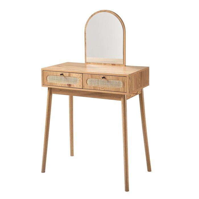 CALICOSY - Coiffeuse avec miroir et 2 tiroirs façades rotin L80 cm ALIA - Bois clair