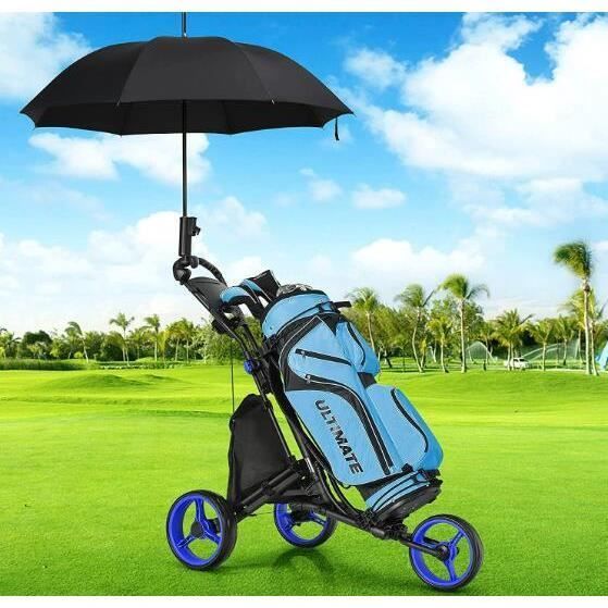Carro de golf plegable de aluminio de 3 ruedas GYMAX con manillar ajustable, rueda trasera con freno y soporte para paraguas, color azul.
