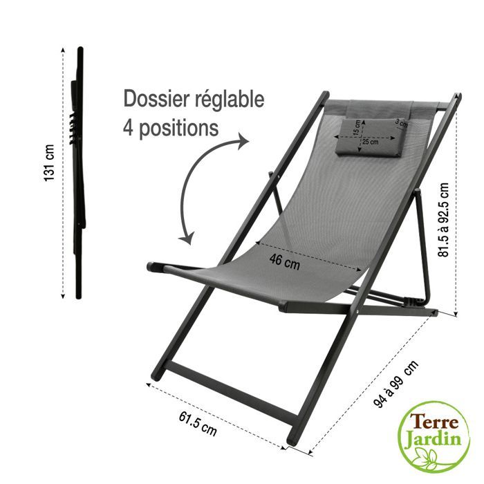 Chaise chilienne pliante 94x61 cm textilène anthracite – 5 positions