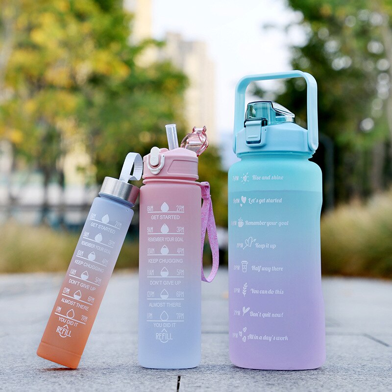 3 botellas de agua motivacionales, botellas de agua deportivas con marcador de tiempo, pajitas de plástico reutilizables y portátiles, ideales para el verano.