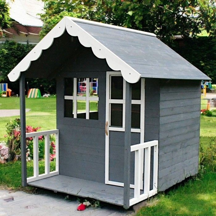 Casinha de madeira infantil - GINGER HOME - Varanda integrada - Madeira maciça de pinho - Cinza