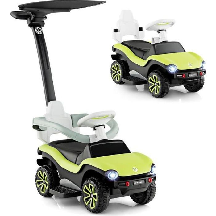 Cochecito Volkswagen 3 en 1 para niños y bebés, con manillar ajustable, música, claxon, capota y barras de seguridad.